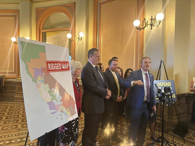 Assembly Republican leader James Gallagher speaks in opposition to Democrats' plan to advance a partisan effort to redraw California congressional map at a press conference on Monday, Aug. 18, 2025, in Sacramento, Calif. (AP Photo/Tran Nguyen)