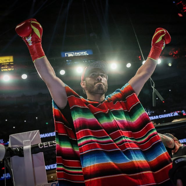 FILE - Julio Cesar Chavez Jr. arrives for his cruiserweight boxing match against Jake Paul, in Anaheim, Calif., June 28, 2025. (AP Photo/Etienne Laurent, File)
