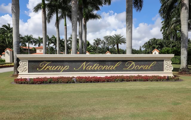 Miami, Doral, Florida, USA - October 24, 2019: Trump National Doral Resort sign located at the entrance to the golf resort with its signature course the Blue Monster, PGA Tour