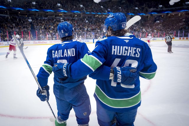 Conor Garland and Quinn Hughes of the Vancouver Canucks (Bob Frid-Imagn Images)