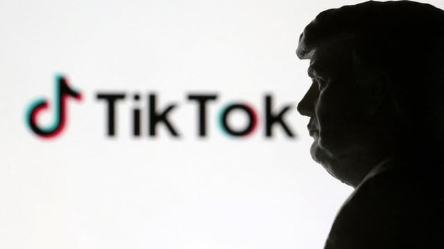 A 3D-printed miniature model of Donald Trump and TikTok logo are seen in this illustration
