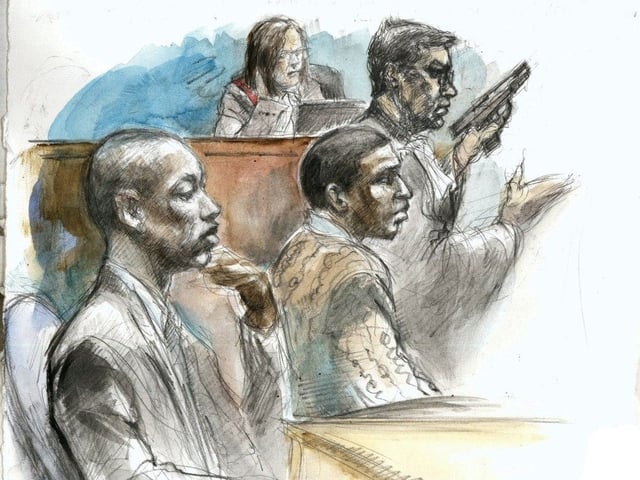  A courtroom sketch from the 2010 trial in Toronto shows Tyshaun Barnett, left, and Louis Woodcock, middle, along with a Crown attorney and the judge. Last week, Barnett was found guilty of shooting a man in Vanier in 2022, causing non-fatal injuries.