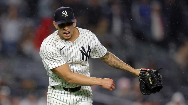 Jun 16, 2025; Bronx, New York, USA; New York Yankees relief pitcher Jonathan Loaisiga (43) reacts after giving up the go ahead run during the eleventh inning against the Los Angeles Angels at Yankee Stadium. Mandatory Credit: Brad Penner-Imagn Images.