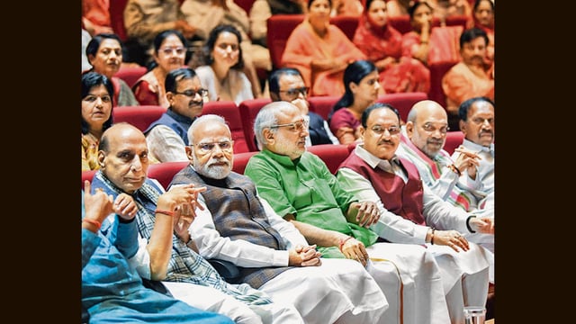 NDA leaders during the parliamentary party meeting on Tuesday. (Rahul Singh)
