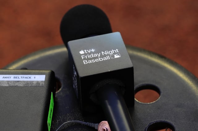 ATLANTA, GA - JULY 05: An Apple TV+ microphone on the sidelines before the Friday evening MLB game between the Atlanta Braves and the Philadelphia Phillies on July 5, 2024 at Truist Park in Atlanta, Georgia. (Photo by David J. Griffin/Icon Sportswire)