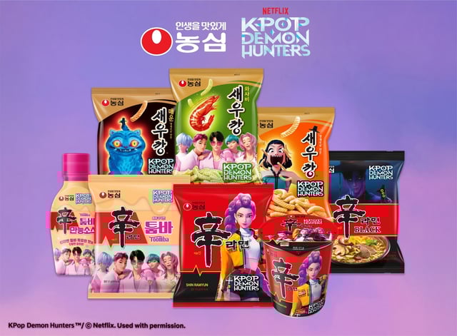 This image provided by Nongshim Co. shows its products featuring characters from the global hit animated movie "KPop Demon Hunters." (PHOTO NOT FOR SALE) (Yonhap)