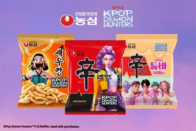 This image provided by Nongshim Co. shows its products featuring characters from the global hit animated movie "KPop Demon Hunters." (PHOTO NOT FOR SALE) (Yonhap)