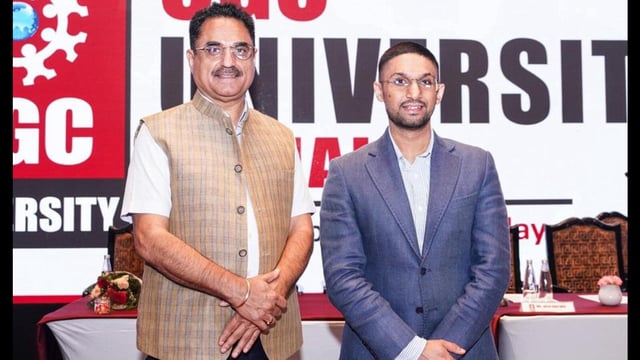 CGC founder chancellor S Rashpal Singh Dhaliwal and managing director Arsh Dhaliwal during an event on Tuesday. (HT)