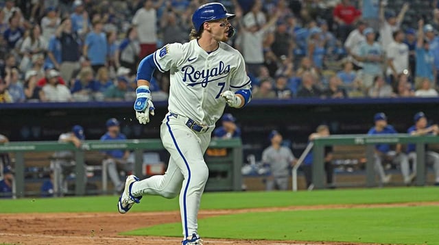 Aug 19, 2025; Kansas City, Missouri, USA; Kansas City Royals shortstop Bobby Witt Jr. (7) runs up the first baseline after hitting a two-run home run in the eighth inning against the Texas Rangers at Kauffman Stadium. Mandatory Credit: Peter Aiken-Imagn Images