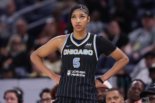 Angel Reese #5 of the Chicago Sky looks on against the Seattle Storm during the second half at Wintrust Arena on August 19, 2025 in Chicago, Illinois.