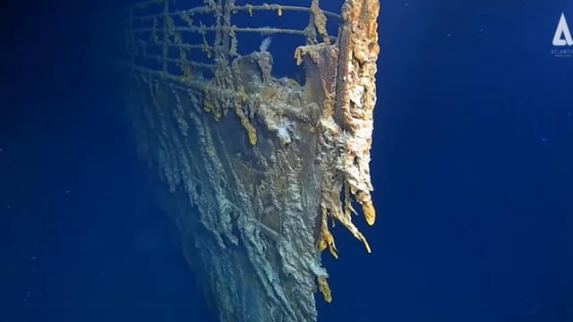 The wreck of the Titanic lies 12,500 feet below the North Atlantic Ocean 