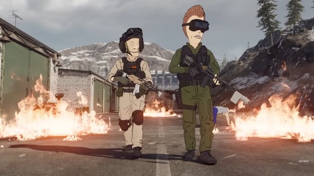 A screenshot featuing the Call of Duty Beavis and Butthead collab skin.