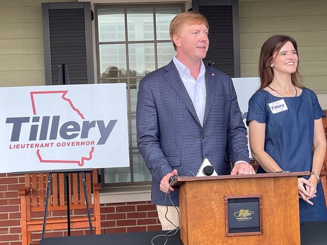 Georgia Sen. Blake Tillery, R-Vidalia, and his wife, Dr. Ashlee Nicole Tillery, address supporters Aug. 11, 2025, at Daniel Field in Augusta to announce Tillery's candidacy for Georgia lieutenant governor.