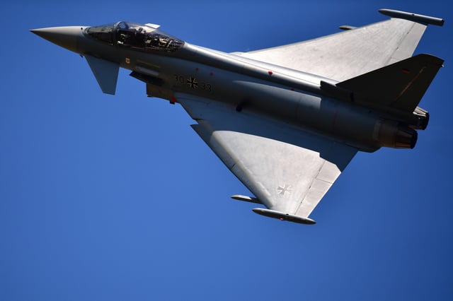 FILE - A Eurofighter Typhoon jet performs at Fliegerhorst Wunstorf to take part in an open house day of the Bundeswehr on June 7, 2018 in Wunstorf, Germany.