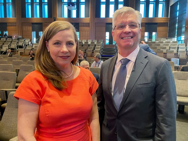 Federal Reserve Governors Michelle Bowman and Christopher Waller pose for a photo, during a break at a conference on monetary policy at Stanford University's Hoover Institution, in Palo Alto, California, U.S. May 6, 2022. Picture taken May 6, 2022. REUTERS/Ann Saphir/File Photo