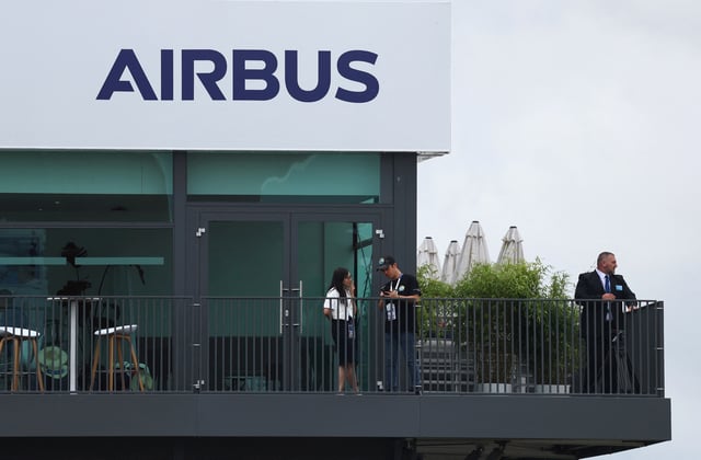 Branding for Airbus is seen at the Farnborough International Airshow, in Farnborough, Britain, July 22, 2024. REUTERS/Toby Melville/File Photo