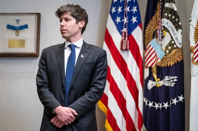 Sam Altman, OpenAI CEO listens as President Donald J Trump speaks about infrastructure and artificial intelligence to reporters with  Larry Ellison, chairman of Oracle Corporation and chief technology officer, Masayoshi Son, and SoftBank Group CEO, in the Roosevelt Room at the White House on Tuesday, Jan 21, 2025 in Washington, DC.