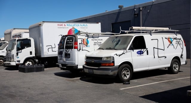 HVAC Gurus’ vehicles were vandalized overnight outside of their office in San Jose, Calif., on Tuesday, Aug. 19, 2025. (Nhat V. Meyer/Bay Area News Group)