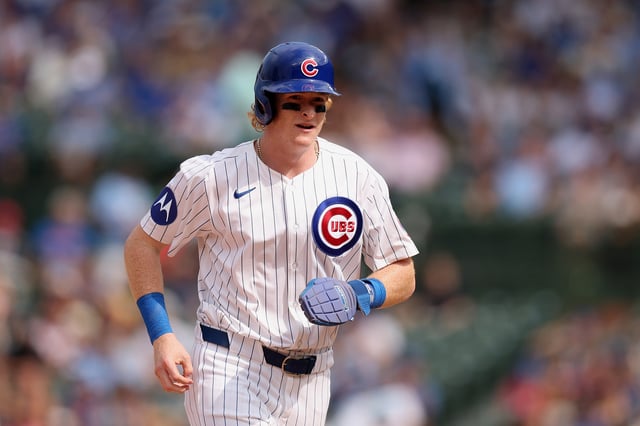 CHICAGO, ILLINOIS - AUGUST 18: Owen Caissie #19 of the Chicago Cubs in action against the Milwaukee Brewers in game one of a doubleheader at Wrigley Field on August 18, 2025 in Chicago, Illinois.