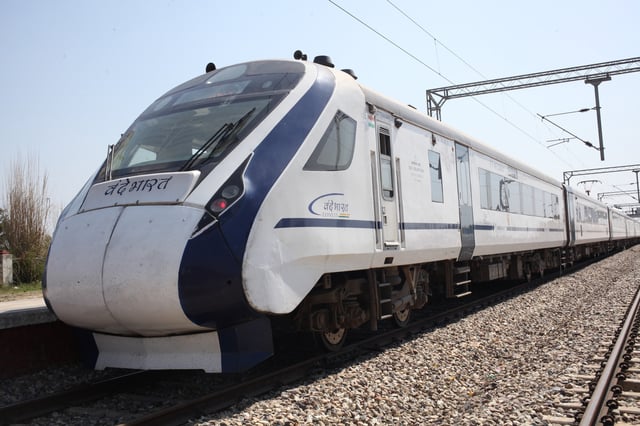 Stock Image: A Vande Bharat Express train. a new high speed luxury travel train seen on March 7, 2023 at Amb Andaura, India.