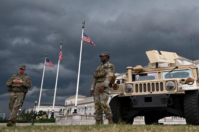 Members of the National Guard patrol outside of Union Station in Washington, DC, on Aug. 17, 2025.