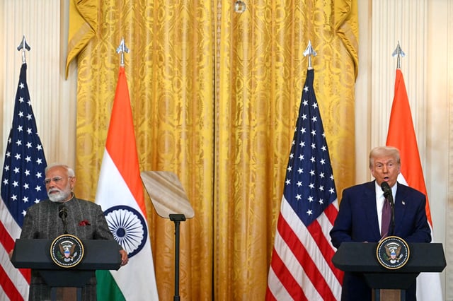US President Donald Trump and Indian Prime Minister Narendra Modi hold a joint press conference in the East Room of the White House in Washington, DC, on February 13, 2025.