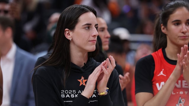 Jul 19, 2025; Indianapolis, IN, USA; Team Clark guard Caitlin Clark (22) reacts after the 2025 WNBA All Star Game at Gainbridge Fieldhouse. Mandatory Credit: Trevor Ruszkowski-Imagn Images