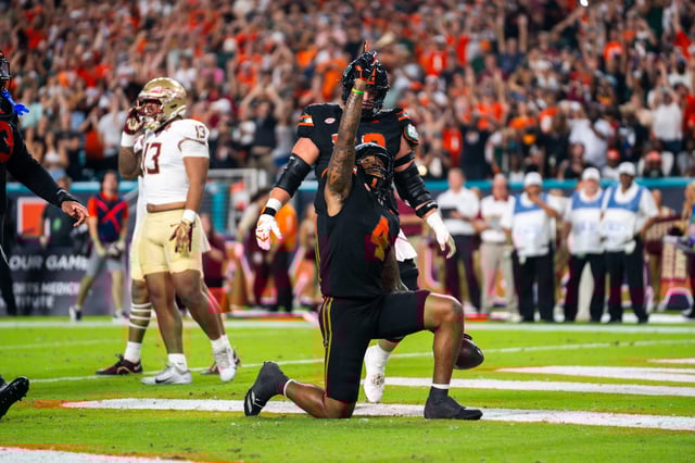 Sophomore runningback Mark Fletcher Jr. celebrates his touchdown in Miami's win against FSU on Saturday, Oct. 26, 2024 at Hard Rock Stadium. - Photo Credit via Emily Rice