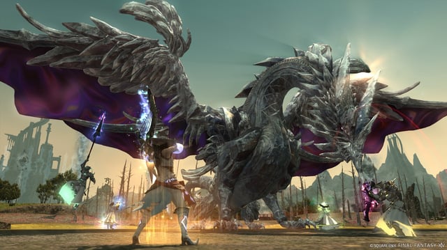 Multiple players fighting against a large dragon in a promotional screenshot for Final Fantasy 14.