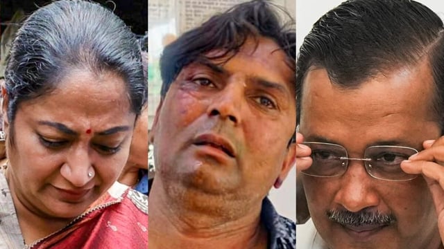 Delhi chief minister Rekha Gupta, the accused Rajesh Bhaiji, and AAP supremo Arvind Kejriwal. 