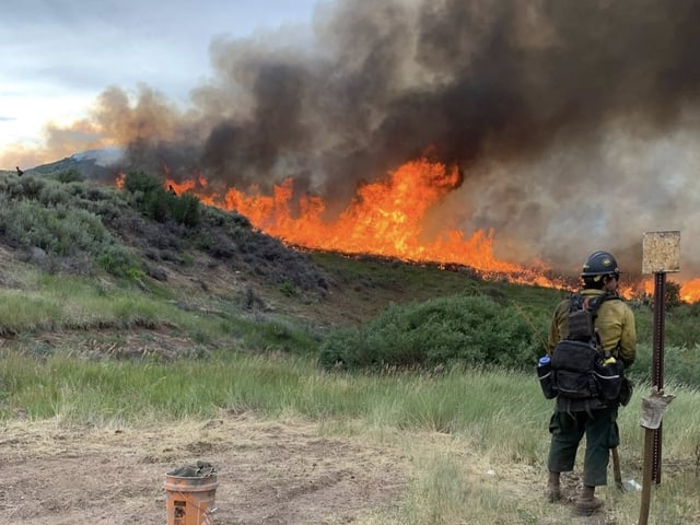 A Colorado Springs firefighter stands in front of the Elk fire burning near Meeker in Rio Blanco County on Aug. 6, 2025. Multiple Colorado Springs fire crews were deployed to the Elk fire. (Photo courtesy of the Colorado Springs Fire Department)