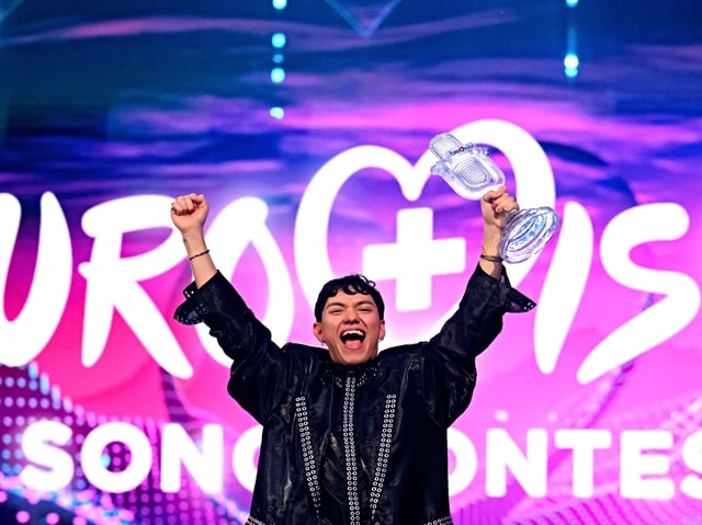 BASEL, SWITZERLAND - MAY 17: JJ representing Austria celebrates after winning the Grand Final of the 69th Eurovision Song Contest Opening Ceremony at St. Jakobshalle on May 17, 2025 in Basel, Switzerland. (Photo by Harold Cunningham/Getty Images)