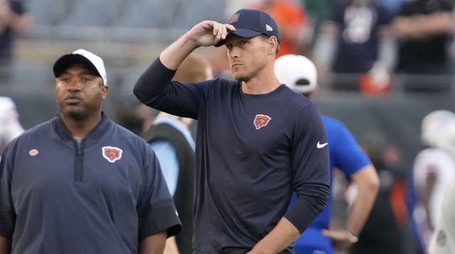 Aug 17, 2025; Chicago, Illinois, USA; Chicago Bears head coach Ben Johnson on the field before a game against the Buffalo Bills at Soldier Field. Mandatory Credit: David Banks-Imagn Images
