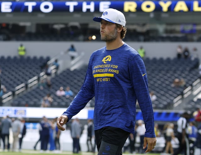 Matthew Stafford #9 of the Los Angeles Rams before the NFL Preseason 2025 game between Dallas Cowboys and Los Angeles Rams at SoFi Stadium on August 09, 2025 in Inglewood, California.