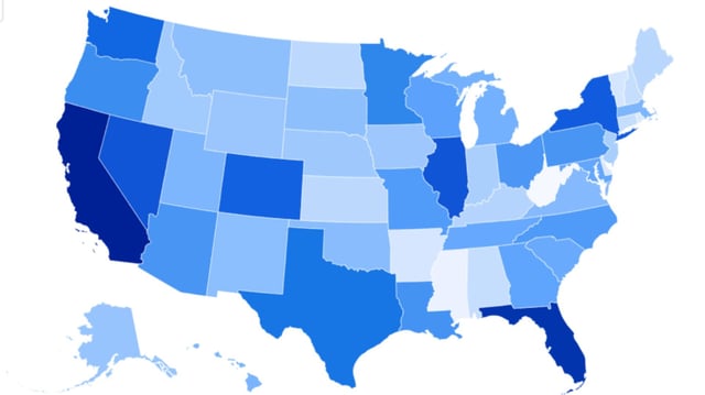 A map showing the total 'fun' scores of each state based on WalletHub data.
