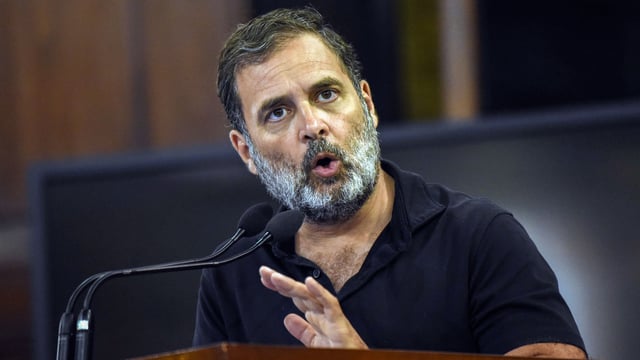 Lok Sabha LoP and party MP Rahul Gandhi speaks a during a discussion of the Members of the INDIA alliance