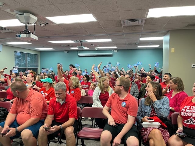 An overflow room was set up for teachers attending the Monday, Aug. 18, 2025, meeting of the Naperville District 203 School Board.  (Michelle Mullins/Naperville Sun)