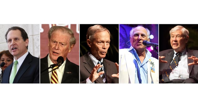 FILE - This photo combination shows, from left, Rep. Lincoln Diaz-Balart, R-Fla., in Miami, Feb.11, 2010, Florida State president John Thrasher, Dec. 8, 2019, in Tallahassee, Fla., former Florida Gov. Buddy MacKay in Gainesville, Fla., on Oct. 12, 2012, Jimmy Buffett performing in Los Angeles, June 9, 2015. and Bob Graham speaking in Gainesville, Fla., Oct. 12, 2012. (AP Photo/Alan Diaz, Phil Sears, Phil Sandlin, Matt Sayles)