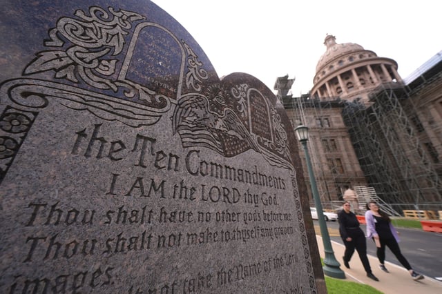 FILE - A granite Ten Commandments monument stands on the ground of the Texas Capitol, Thursday, May 29, 2025, in Austin, Texas. (AP Photo/Eric Gay)