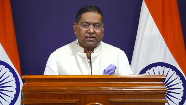 Ministry of External Affairs spokesperson Randhir Jaiswal addresses a press conference in New Delhi 