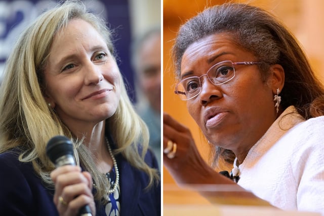 Former Rep. Abigail Spanberger attends a campaign event in Louisa, Virginia on November 1, 2018. Lieutenant Governor Winsome Earle-Sears presides over the Senate on February 8, 2022 in Richmond, Virginia.
