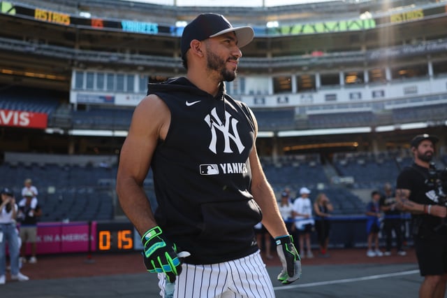 NEW YORK, NY - AUGUST 08: José Caballero #72 of the New York Yankees looks on before the game against the Houston Astros at Yankee Stadium on August 8, 2025 in New York, New York.