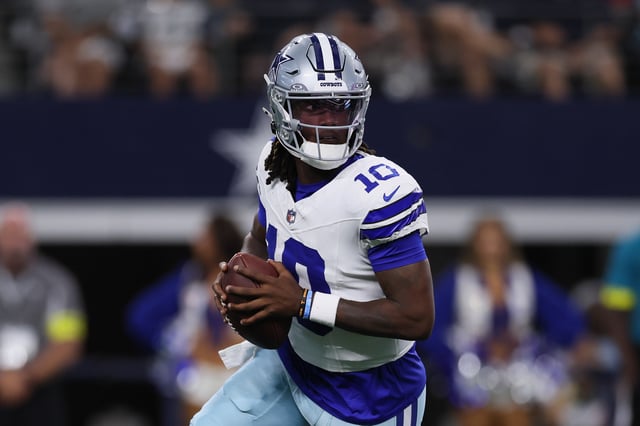 Joe Milton III #10 of the Dallas Cowboys looks to pass during the first half of the NFL Preseason 2025 game against the Baltimore Ravens at AT&T Stadium on August 16, 2025 in Arlington, Texas.