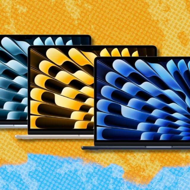 MacBook Air in three different colors with gold and blue background