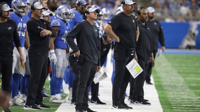 Lions offensive coordinator Ben Johnson, left, and head coach Dan Campbell on the sidelines during the second half of the Lions' 27-23 preseason loss to the Falcons on Friday, Aug. 12, 2022 at Ford Field. Lions Atl