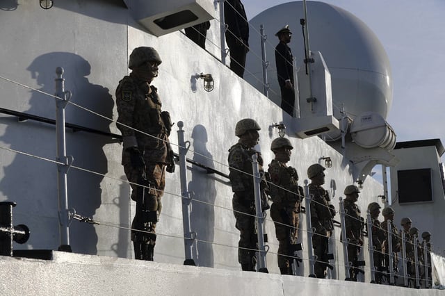 In this picture released by the official website of the Iranian Army on Wednesday, Jan 15, 2025, the navy troops stand on domestically-built signals intelligence Zagros ship that joined to the navy fleet in the Gulf of Oman.