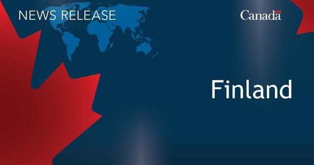 Image of the map of the world, with half of the maple leaf, and the Canada logo, with the following text overlayed – News Release: Finland.