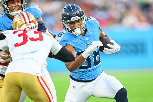 Aug 10, 2024; Nashville, Tennessee, USA;  Tennessee Titans cornerback L'Jarius Sneed (38) runs the ball against the San Francisco 49ers during the first half at Nissan Stadium. Mandatory Credit: Steve Roberts-USA TODAY Sports/File Photo