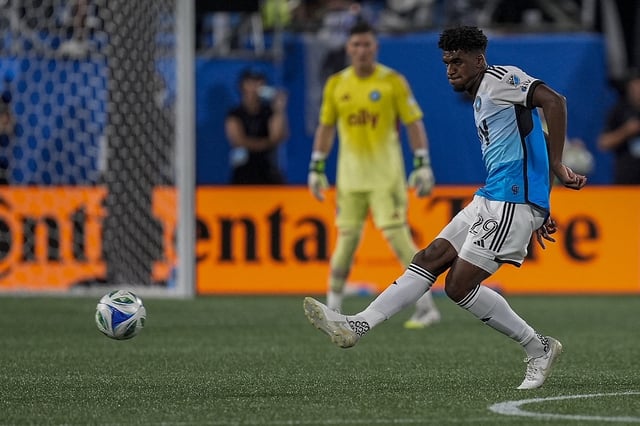 Jul 26, 2025; Charlotte, North Carolina, USA; Charlotte FC defender Adilson Malanda (29) kicks the ball against Toronto FC during the second half at Bank of America Stadium. Mandatory Credit: Jim Dedmon-Imagn Images/File Photo