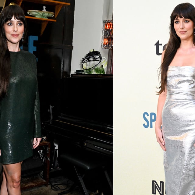 Photos of Dakota Johnson at the Los Angeles premiere of Splitsville wearing a silver strapless leather gown to the red carpet and a green sequin mini dress to the after party, both by Gucci.